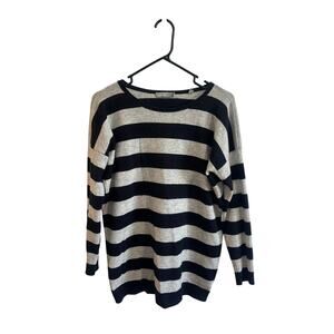 Vince 100% Cashmere Navy Blue Gray Striped Sweater Sz S Crew Neck